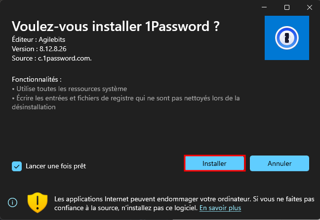 Installeur Windows - Voulez-vous installer 1Password ?