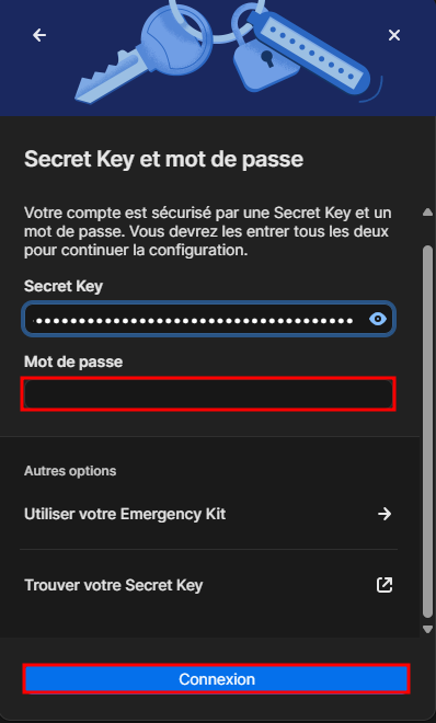 Connexion avec Secret Key et mot de passe