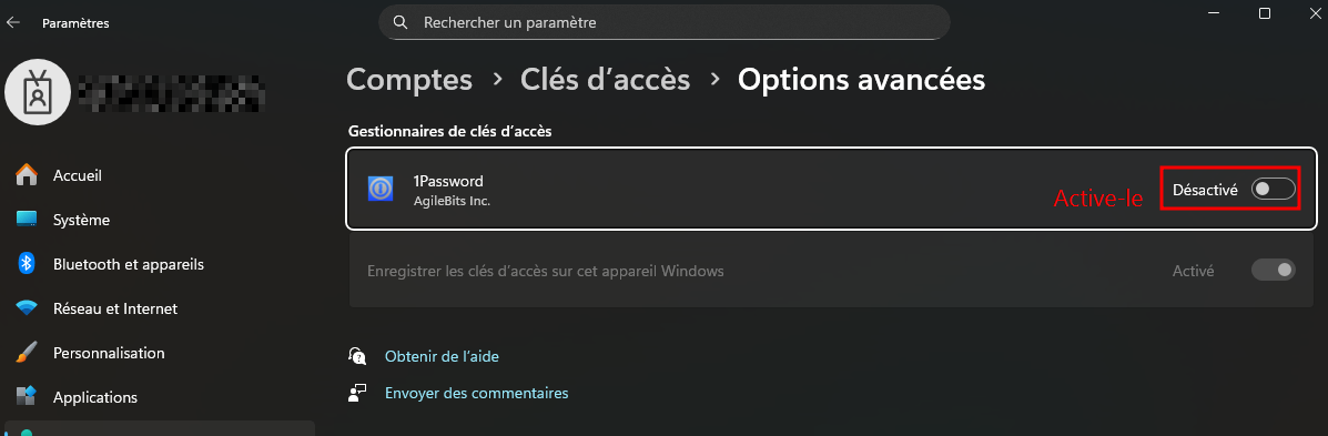 Paramètres Windows - Clés d'accès