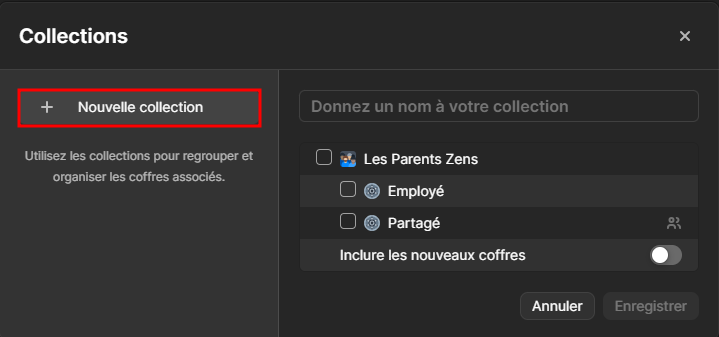 Boîte de dialogue Collections